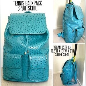 RARE! TENNIS BACKPACK in VEGAN LEATHER (Ostrich). Turquoise Blue! Textured!